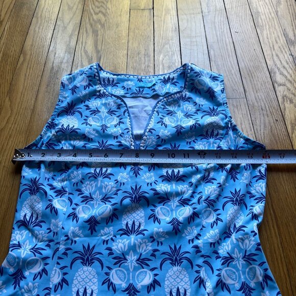 J. McLaughlin Size XS Blue Rue Pineapple Print Sleeveless Split Neck Shift Dress - Picture 10 of 13